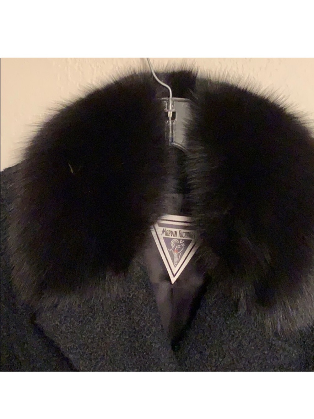 Marvin Richards Black Wool Trench Coat with Fur Trim